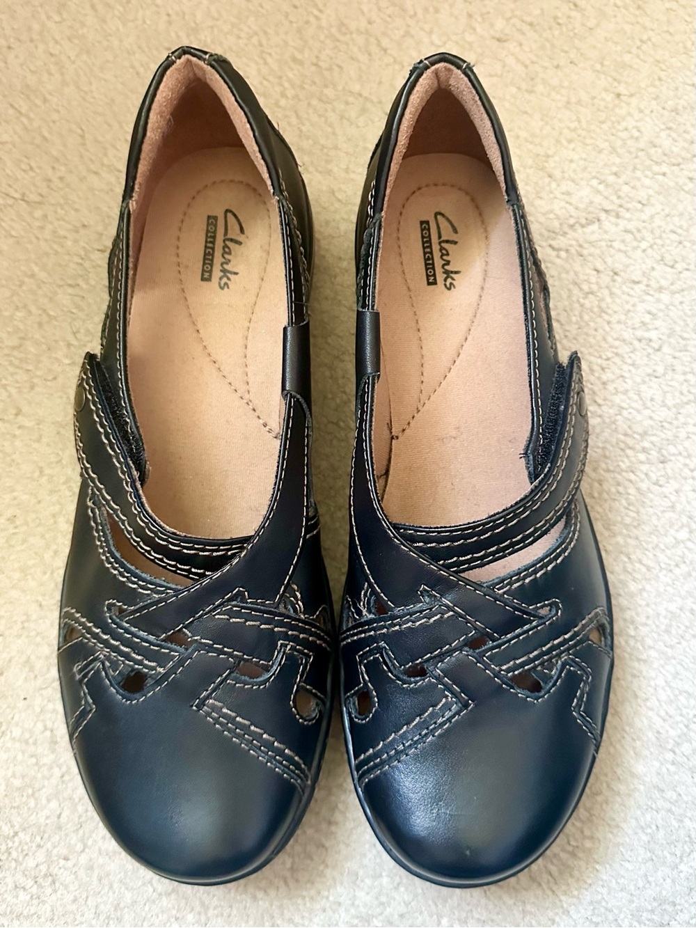 Clarks Evianna Peal Black Leather Slip-on Flats Shoes Women Sz 9.5